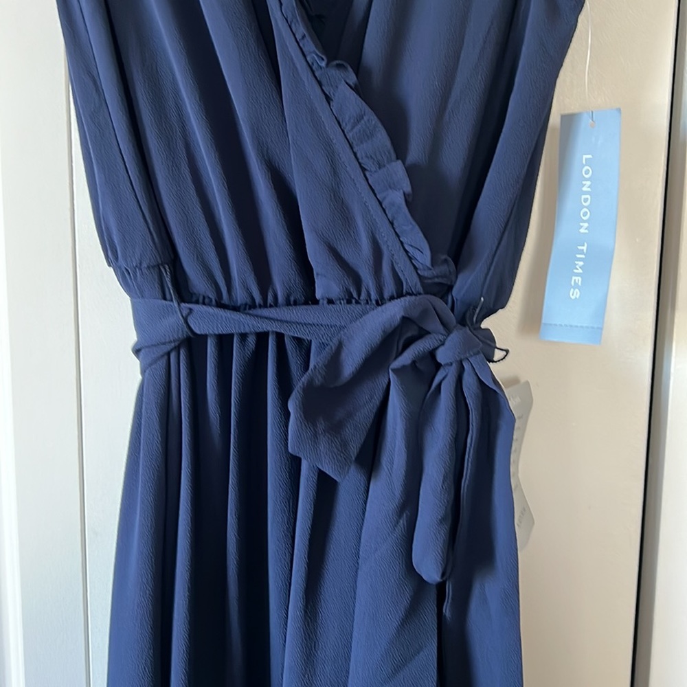 London Times Navy Blue ruffle wrap dress. Size 6. Never worn. Tags still on.